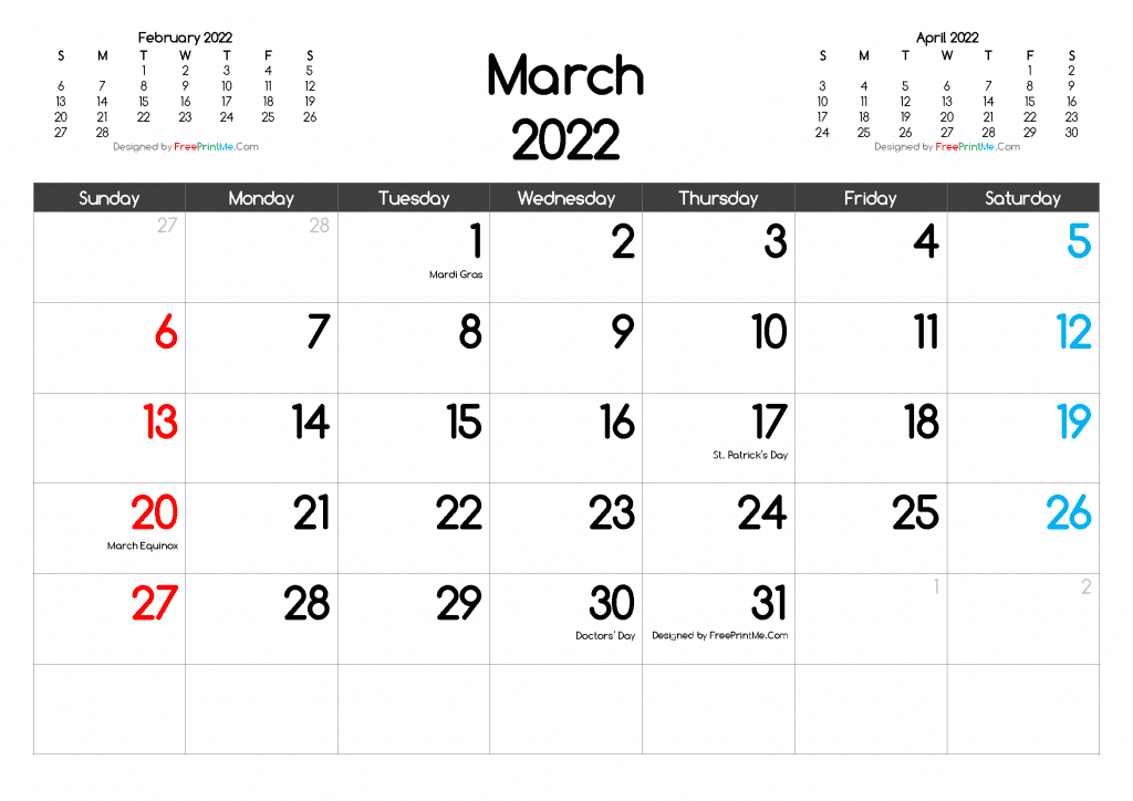 Download Free March 2022 Calendar Printable as PDF and high quality Image