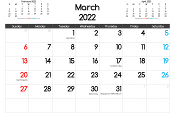 Free Printable March 2022 Calendar with Holidays PDF, PNG