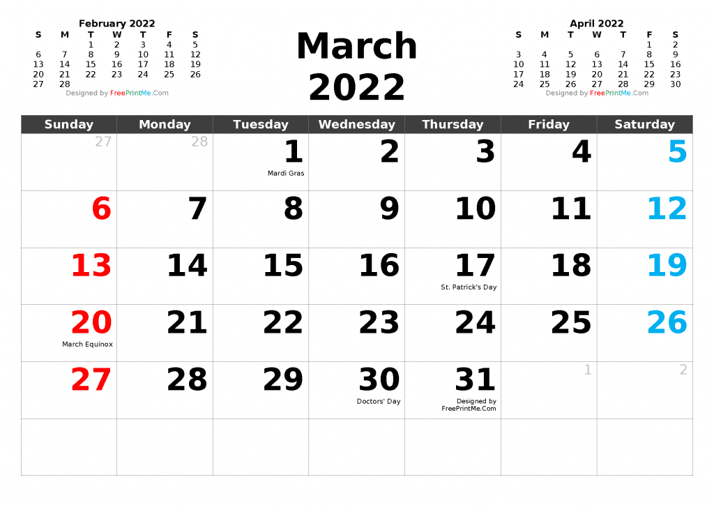 Free Printable March 2022 Calendar with Holidays as PDF and PNG Image