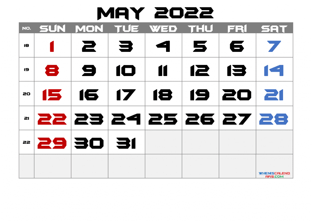  Download Free Printable May 2022 Calendar as PDF and high quality Image