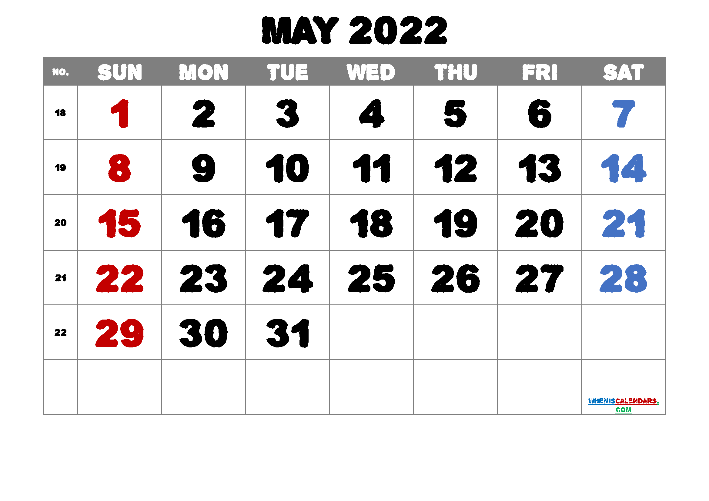 free printable calendar may 2022 with week numbers