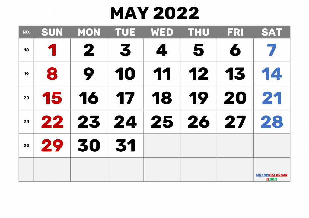 Free Printable Calendar May 2022 with Week Numbers