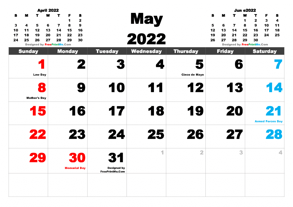 Free Printable May 2022 Calendar with Holidays as PDF and PNG Image