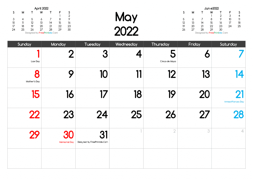 Free Printable May 2022 Calendar PDF PNG Image