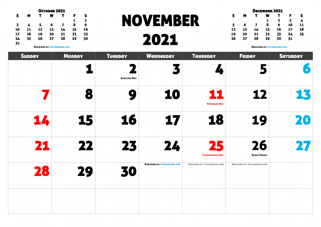 Free Printable November 2021 Calendar with Holidays as PDF and high resolutions PNG Image