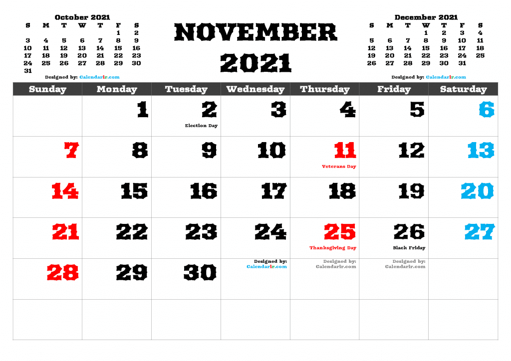 Free Printable November 2021 Calendar with Holidays as PDF and high resolutions PNG Image