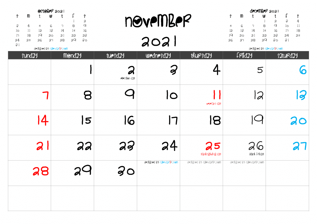 Free Printable November 2021 Calendar With Holidays