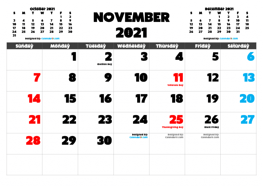 Free Printable November 2021 Calendar With Holidays