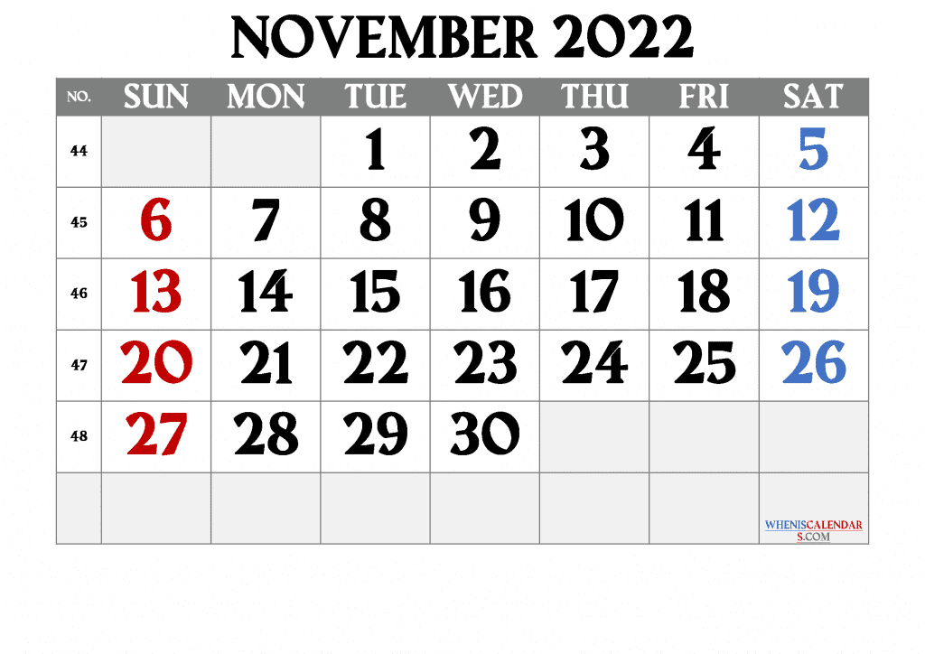 Free Printable Calendar November 2022 with Week Numbers as PDF document and high quality Image file (landscape format and can print with A3, A4)
