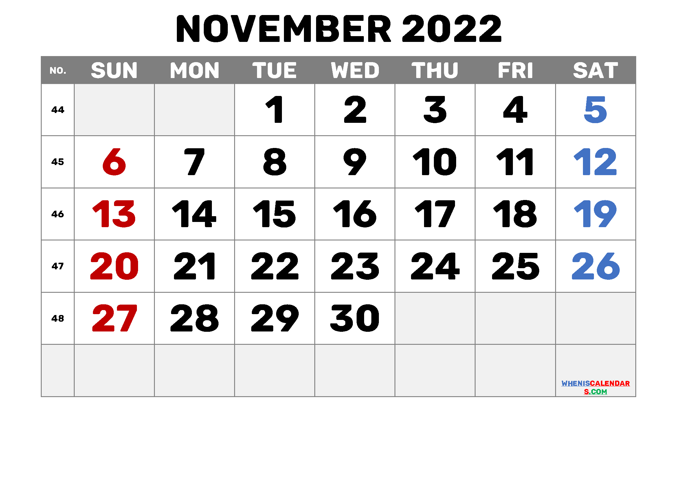 Free Printable Calendar November 2022 with Week Numbers as PDF document and high quality Image file (landscape format and can print with A3, A4)