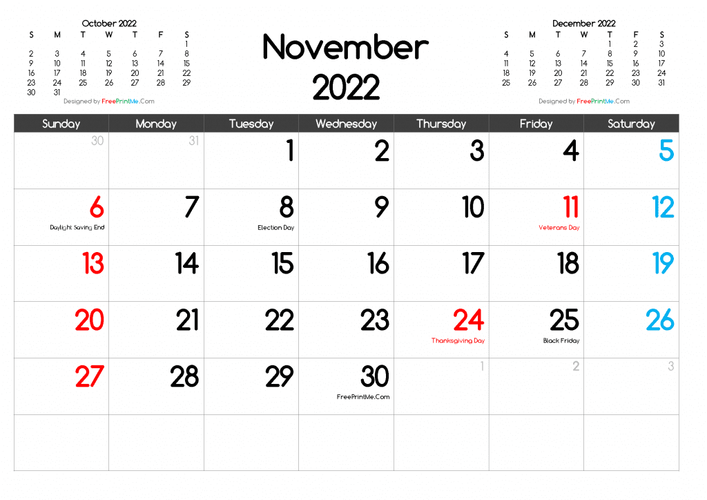 Free Printable November 2022 Calendar with Holidays as PDF and PNG Image