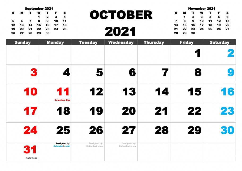 Free Printable October 2021 Calendar with Holidays as PDF and high resolutions PNG Image