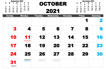 Free Printable October 2021 Calendar with Holidays as PDF and high resolutions PNG Image