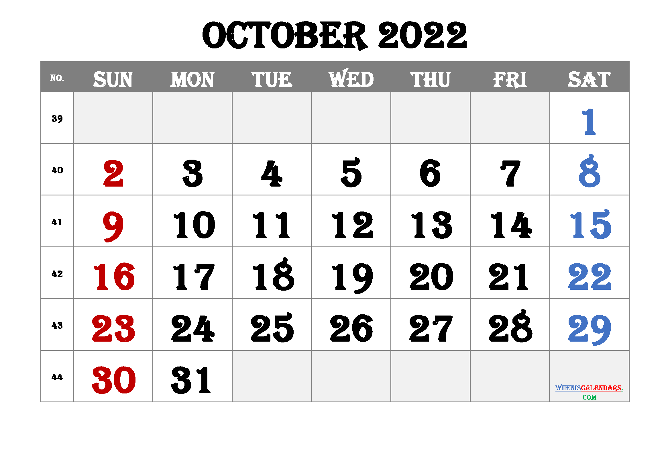 Free Printable Calendar October 2022 with Week Numbers as PDF document and high quality Image (landscape format and can print with A3, A4)