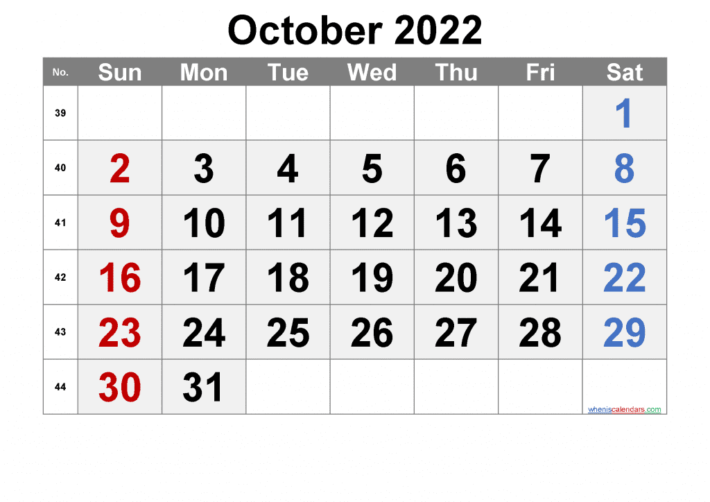 Free Printable October 2022 Calendar with Week Numbers as PDF document and high quality Image in horizontal landscape
