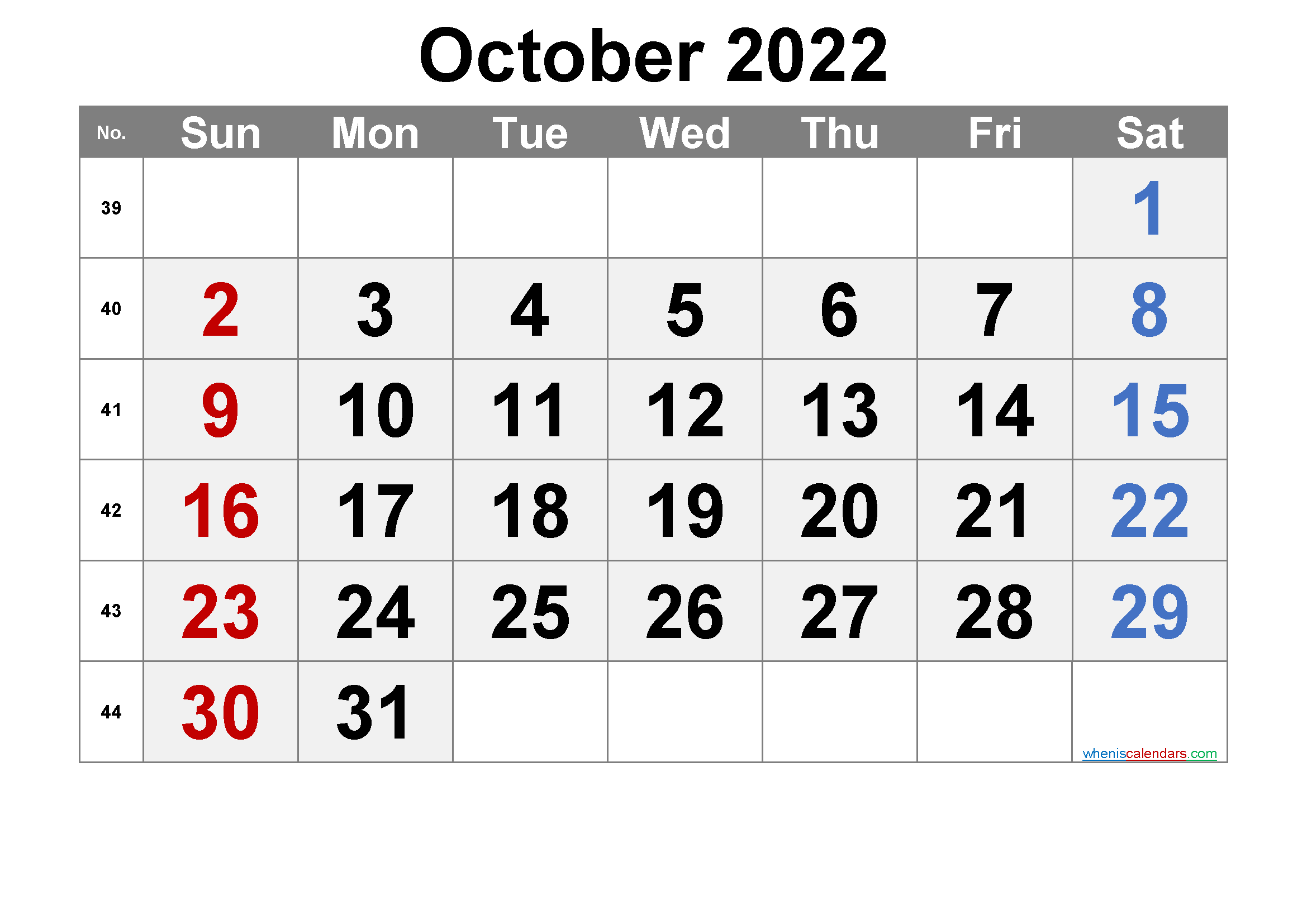 October 2022 Calendar Template Free Printable Calendar October 2022 With Week Numbers