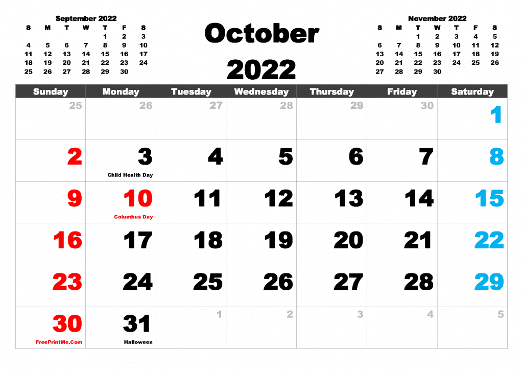 Free Printable October 2022 Calendar with Holidays as PDF and PNG Image file format