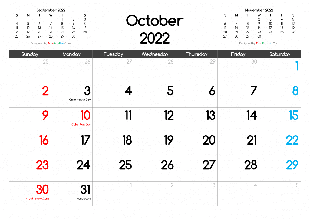 Free Printable October 2022 Calendar with Holidays as PDF and PNG Image file format