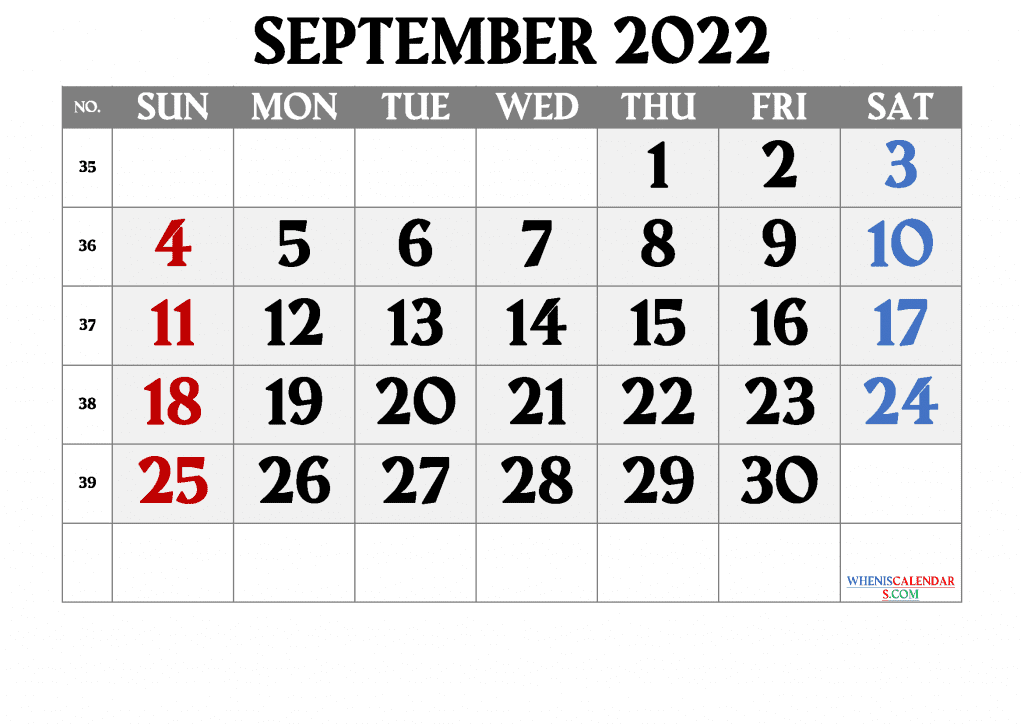 Download Free Printable Calendar September 2022 with Week Numbers as PDF document and high resolution Image file