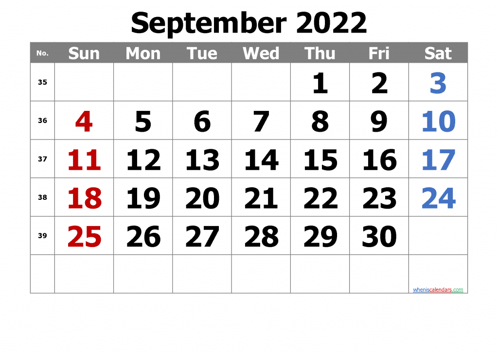 Download Free Printable Calendar September 2022 with Week Numbers as PDF document and high resolution Image file