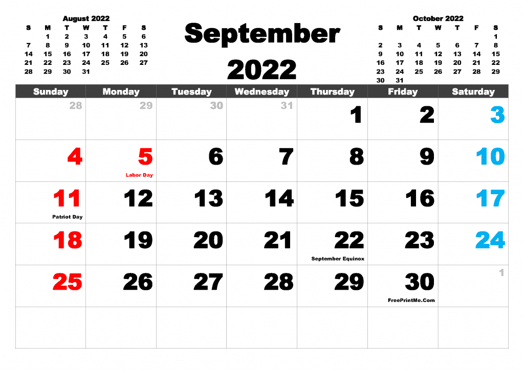 Free Printable September 2022 Calendar with Holidays as PDF and PNG Image