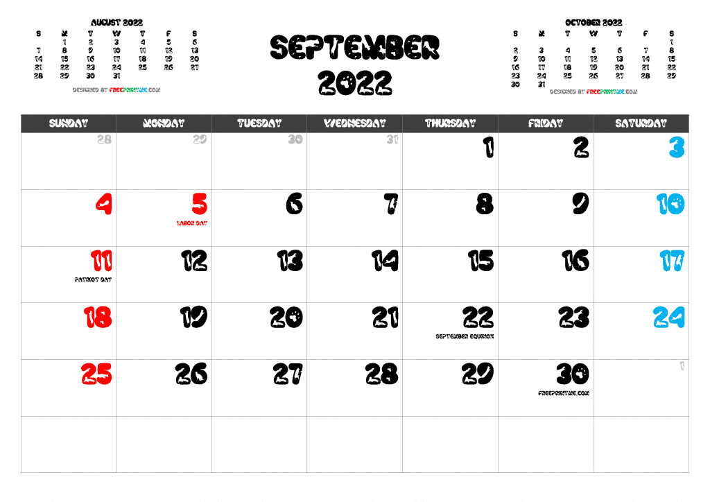 Free Printable September 2022 Calendar with Holidays as PDF and PNG Image