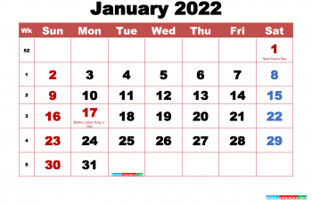 Free January 2022 Calendar with Holidays Printable PDF and Image