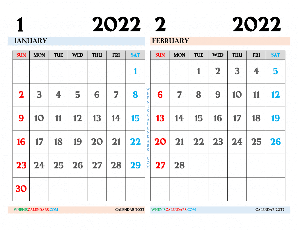 Download Free January and February 2022 Calendar Printable as PDF document and high resolution PNG Image file format (landcape))