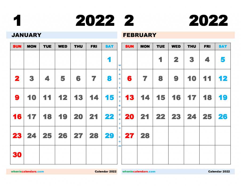 Free Printable Calendar Templates 2022 with Holidays Two Month Design with 2 Months on One Page