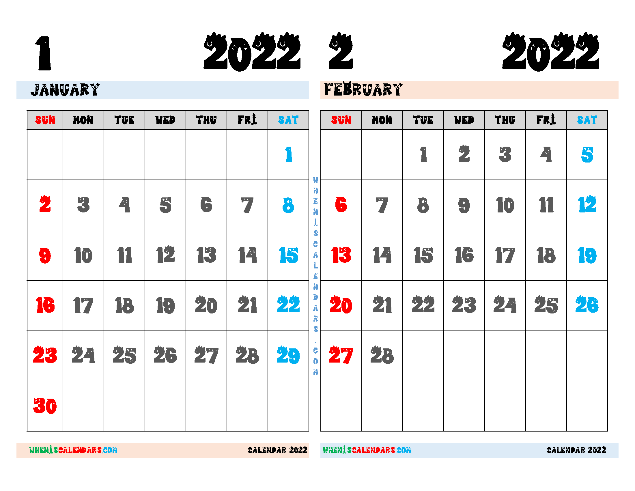 Download Free January and February 2022 Calendar Printable as PDF document and high resolution PNG Image file format (landcape))