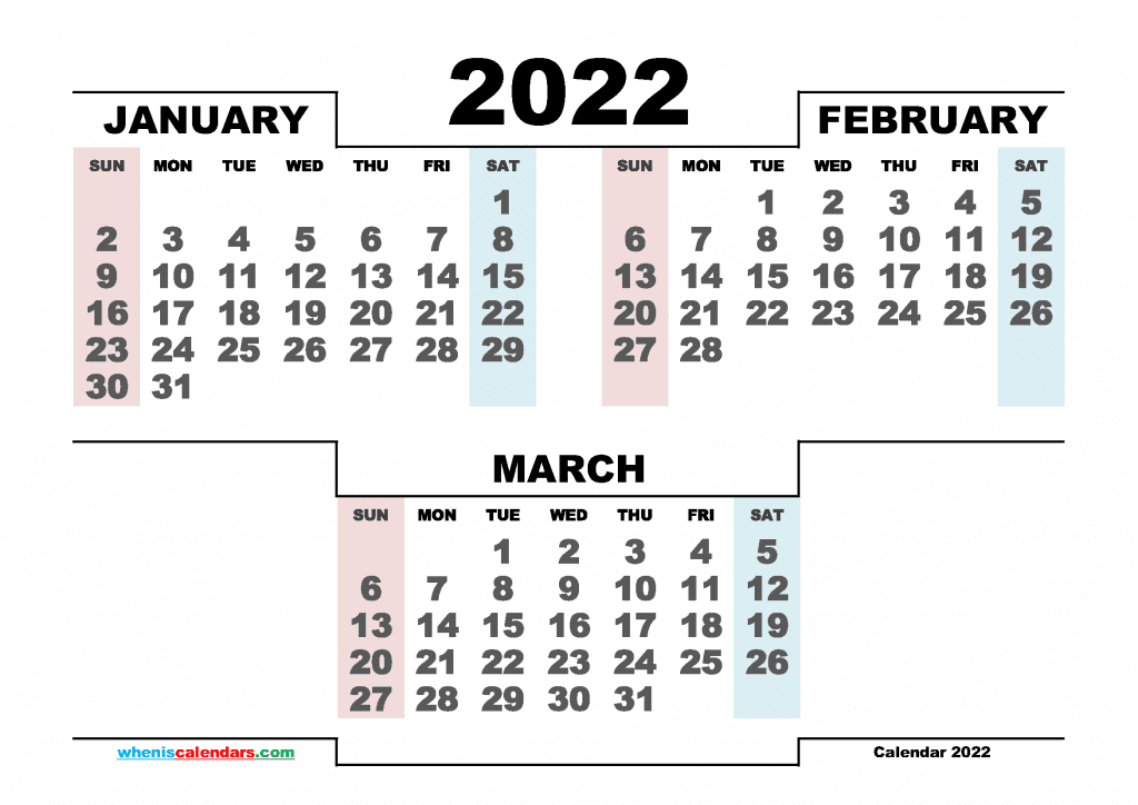 Download Free January February March 2022 Calendar Printable 