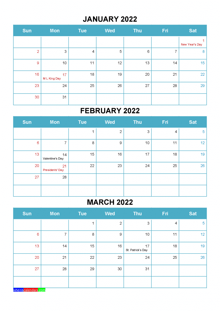 Download Free January February March 2022 Calendar Printable as PDF and high resolution Image