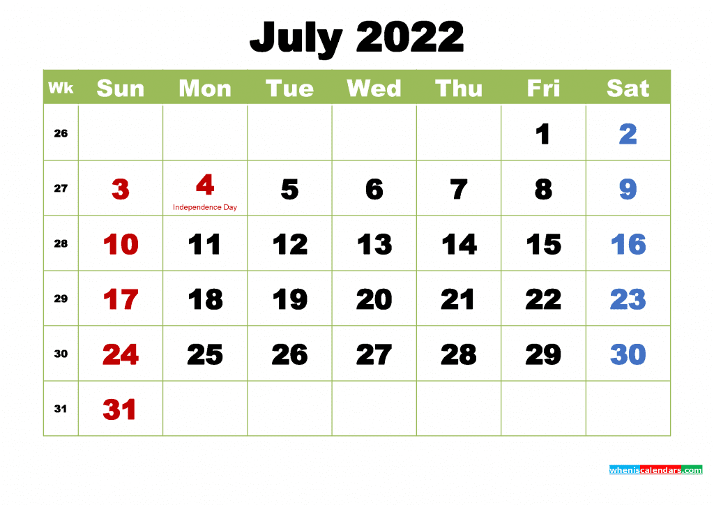 Free July 2022 Calendar with Holidays Printable PDF and Image