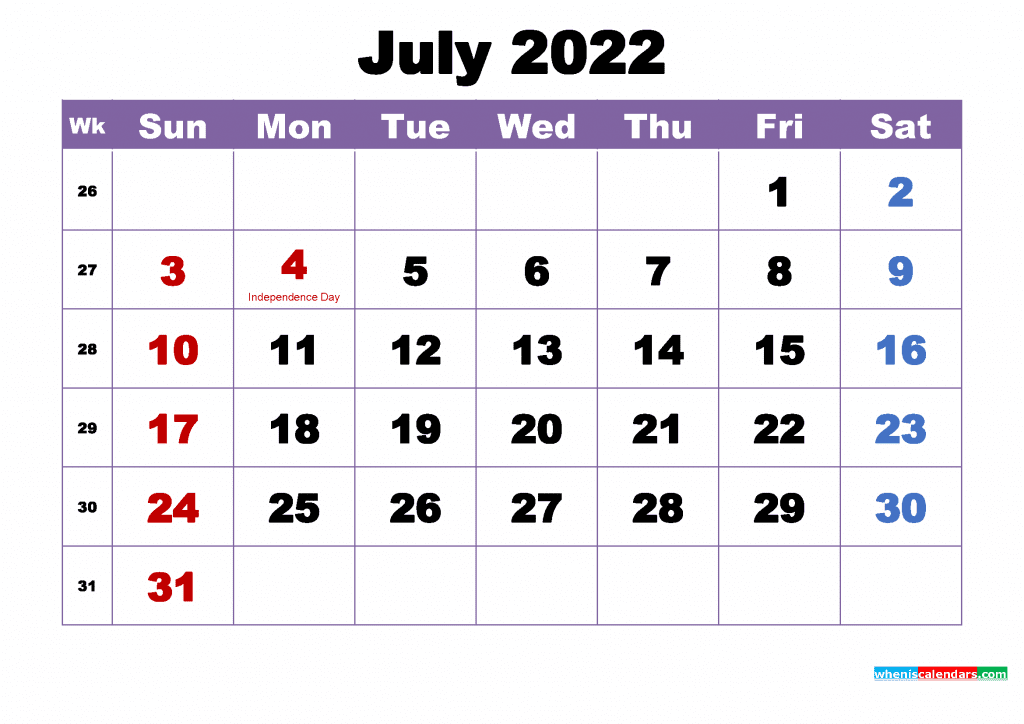 Free July 2022 Calendar with Holidays Printable PDF and Image