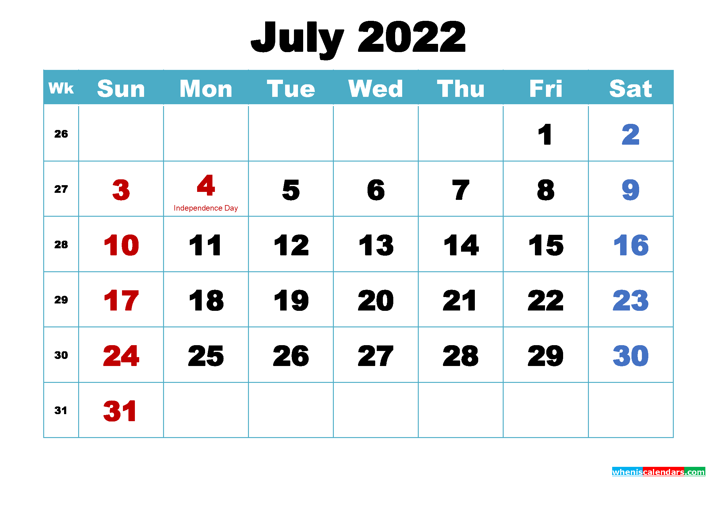 free july 2022 calendar with holidays printable
