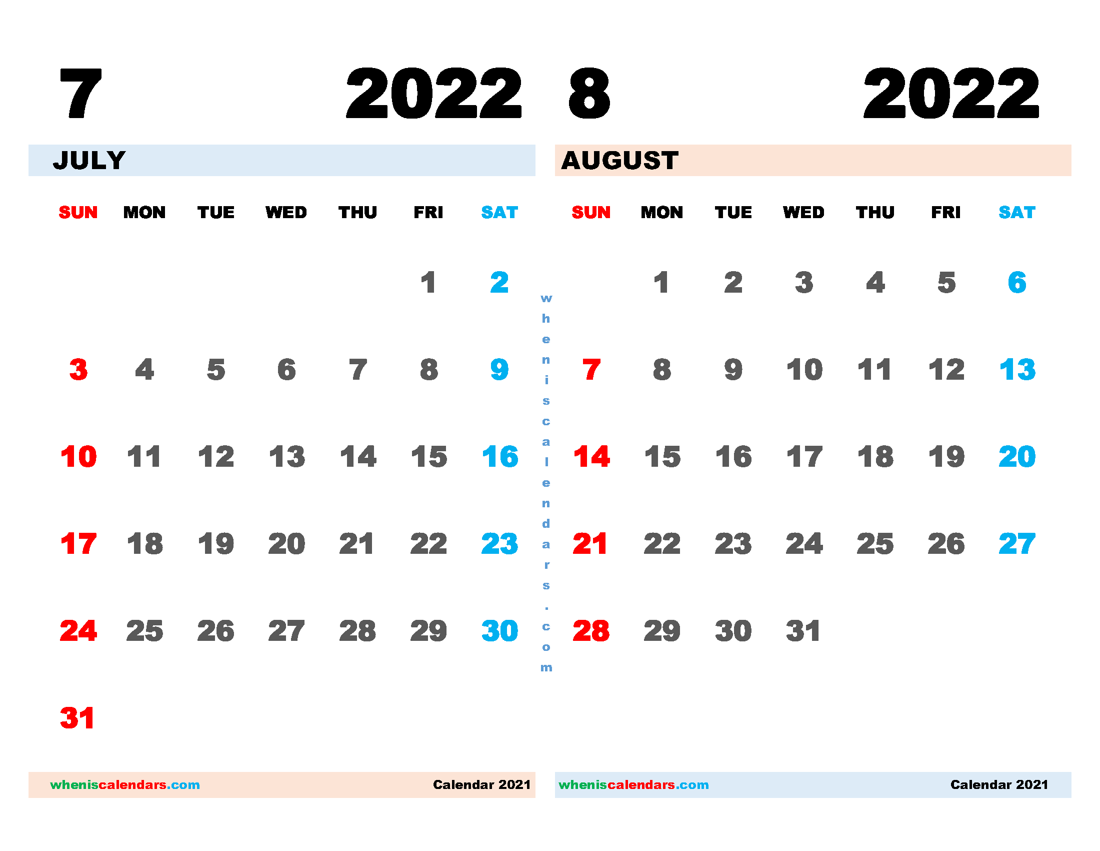 Download Free July and August 2022 Calendar Printable as PDF document and high resolution PNG Image file format (landcape)