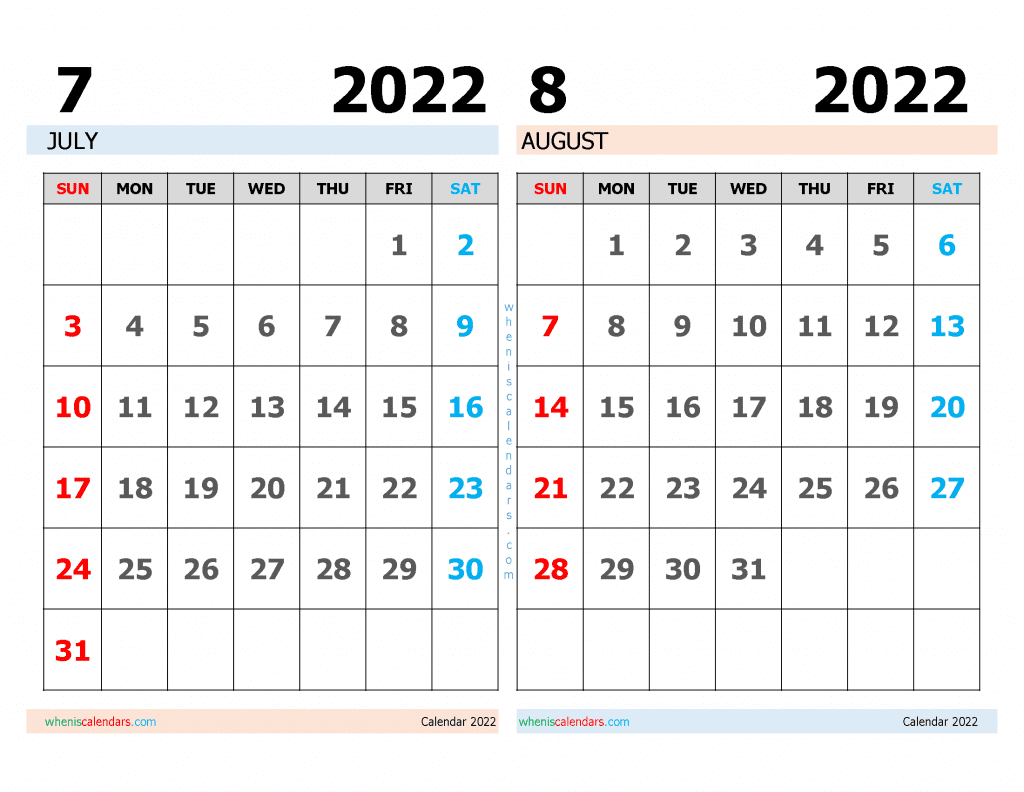 Download Free July and August 2022 Calendar Printable as PDF document and high resolution PNG Image file format (landcape)