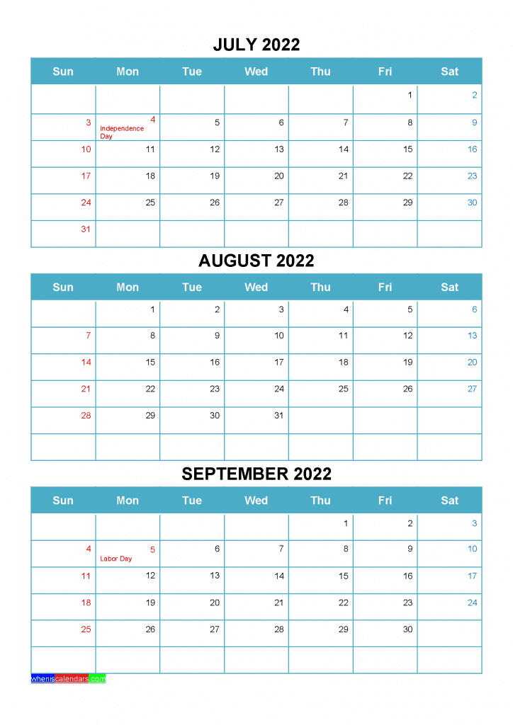 Download Free July August September 2022 Calendar Printable as PDF and high resolution Image