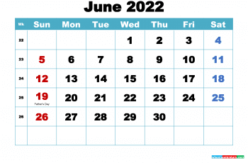 Free June 2022 Calendar with Holidays Printable PDF and Image