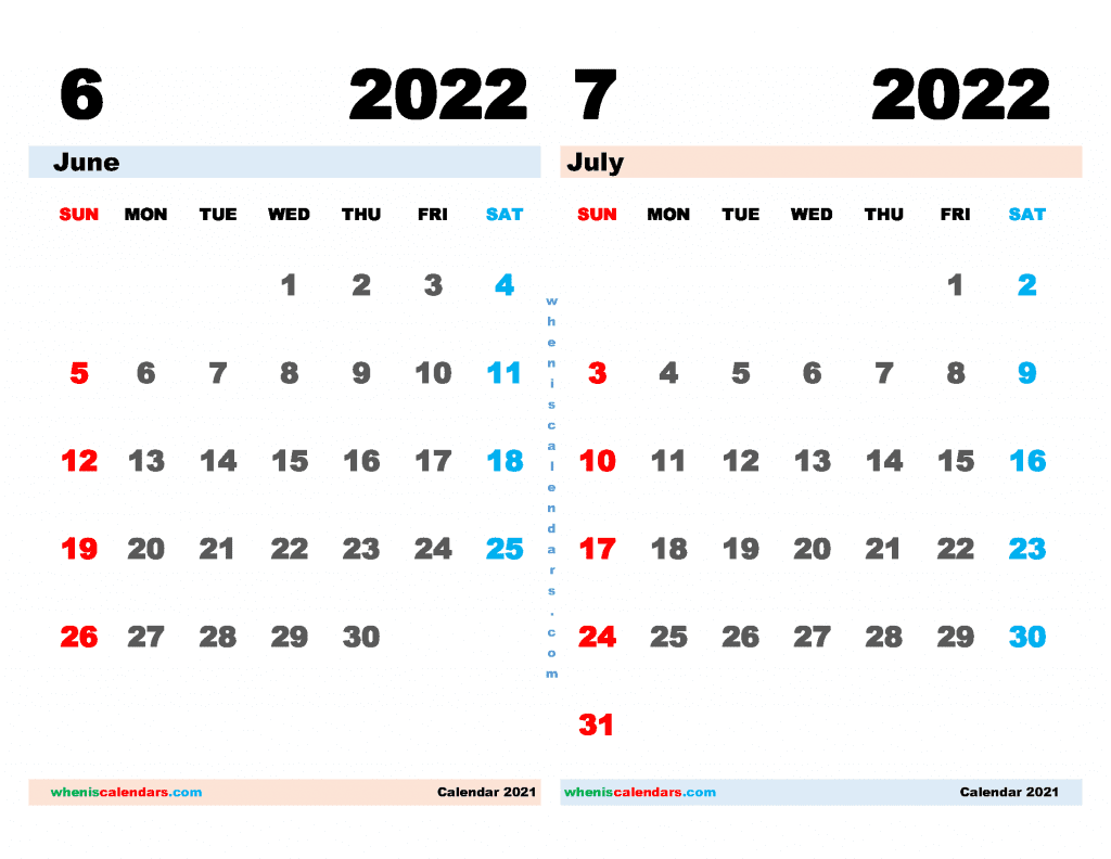 Free June July 2022 Calendar Printable PDF