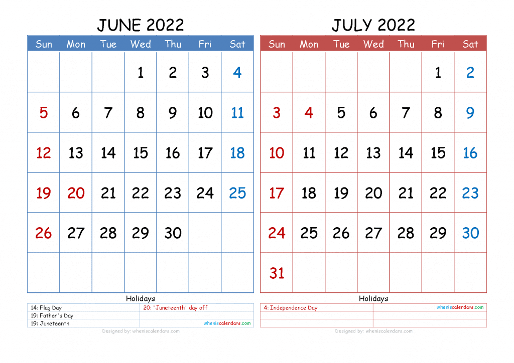 Free June July 2022 Calendar Printable as PDF and high resolution image