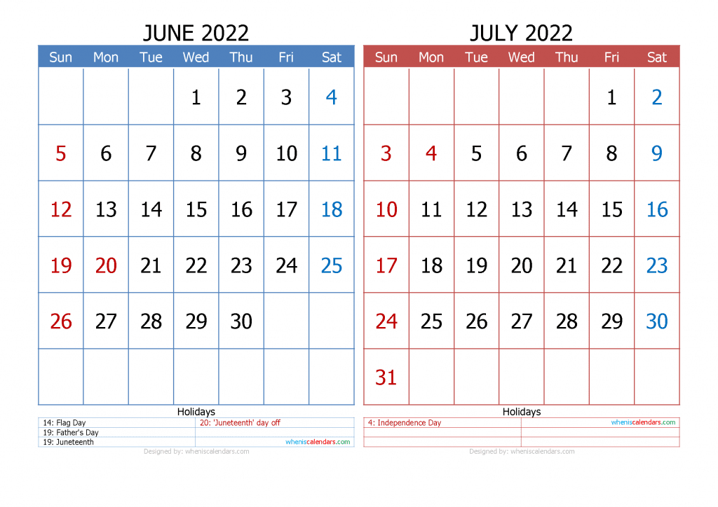 Free June July 2022 Calendar Printable as PDF and high resolution image