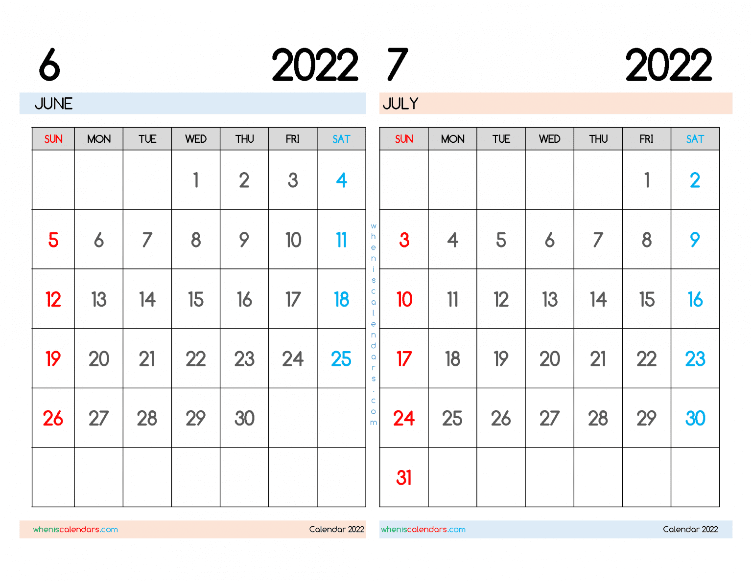 June July 2022 Calendar Monday Start Editable Two Months