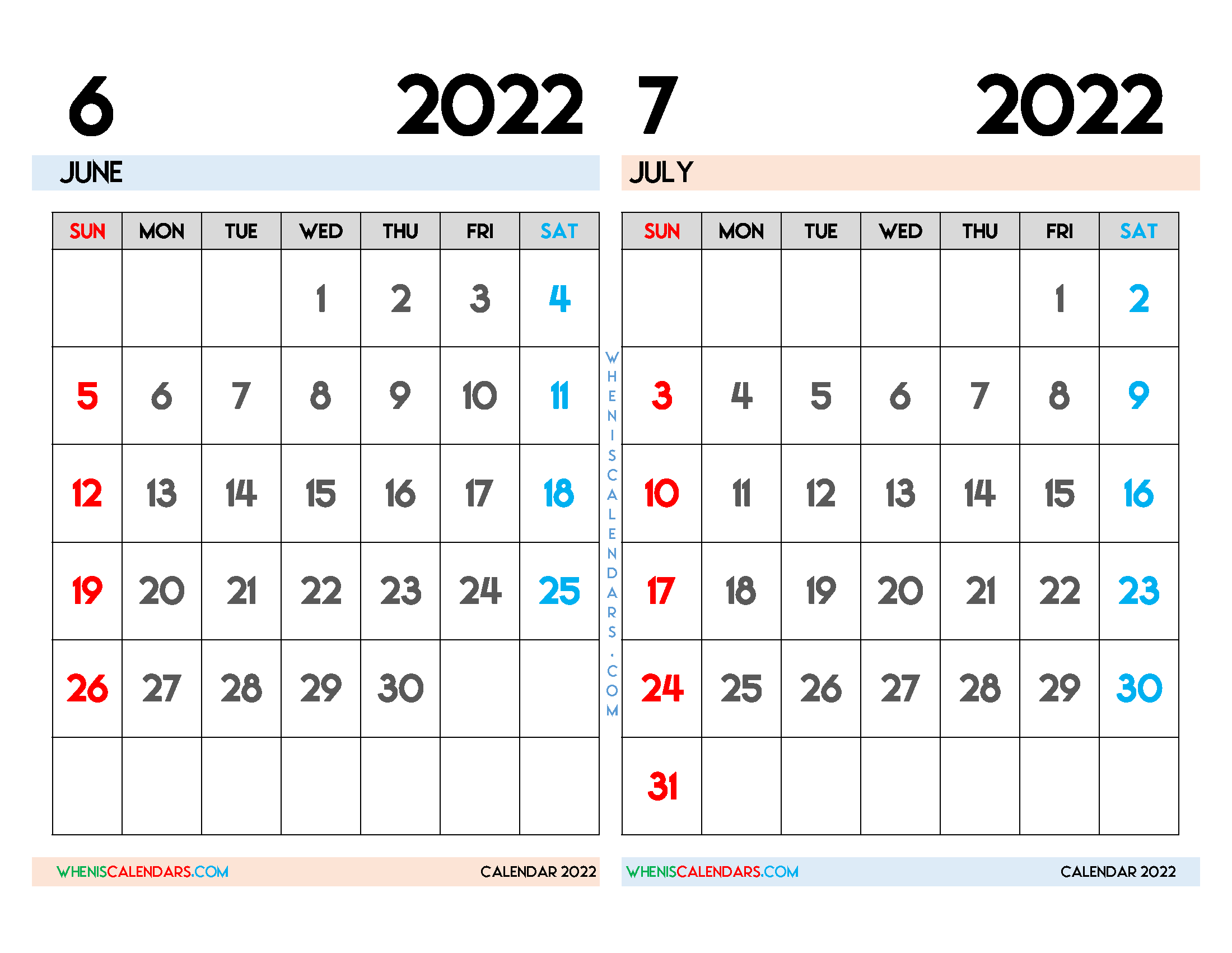 Free June July 2022 Calendar Printable PDF