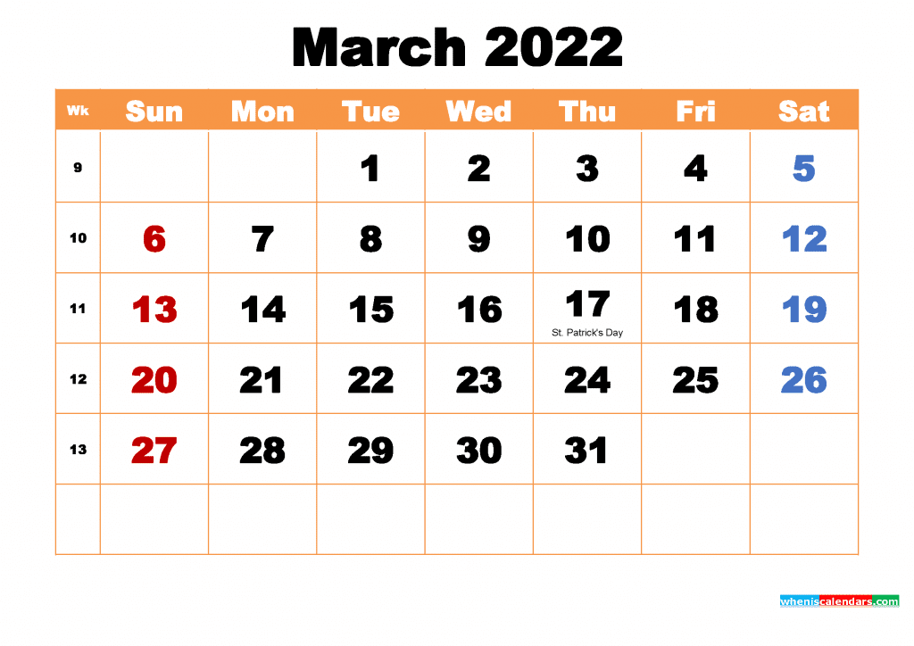 March 2022 Calendar Holidays Free March 2022 Calendar With Holidays Printable