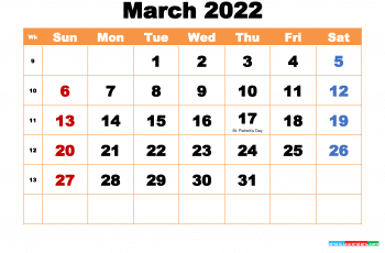 Free March 2022 Calendar with Holidays Printable PDf and Image