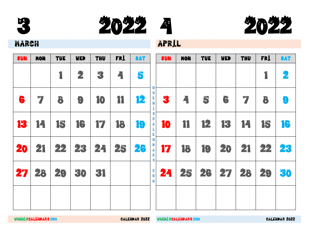 Download Calendar  for March April 2022 as PDF document and high resolution PNG Image file format (landcape)