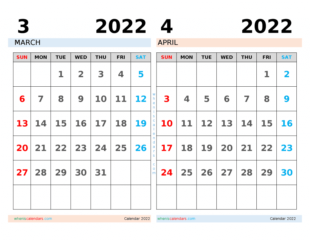 Download Free Download Free March and April 2022 Calendar Printable as PDF document and high resolution PNG Image file format (landcape)