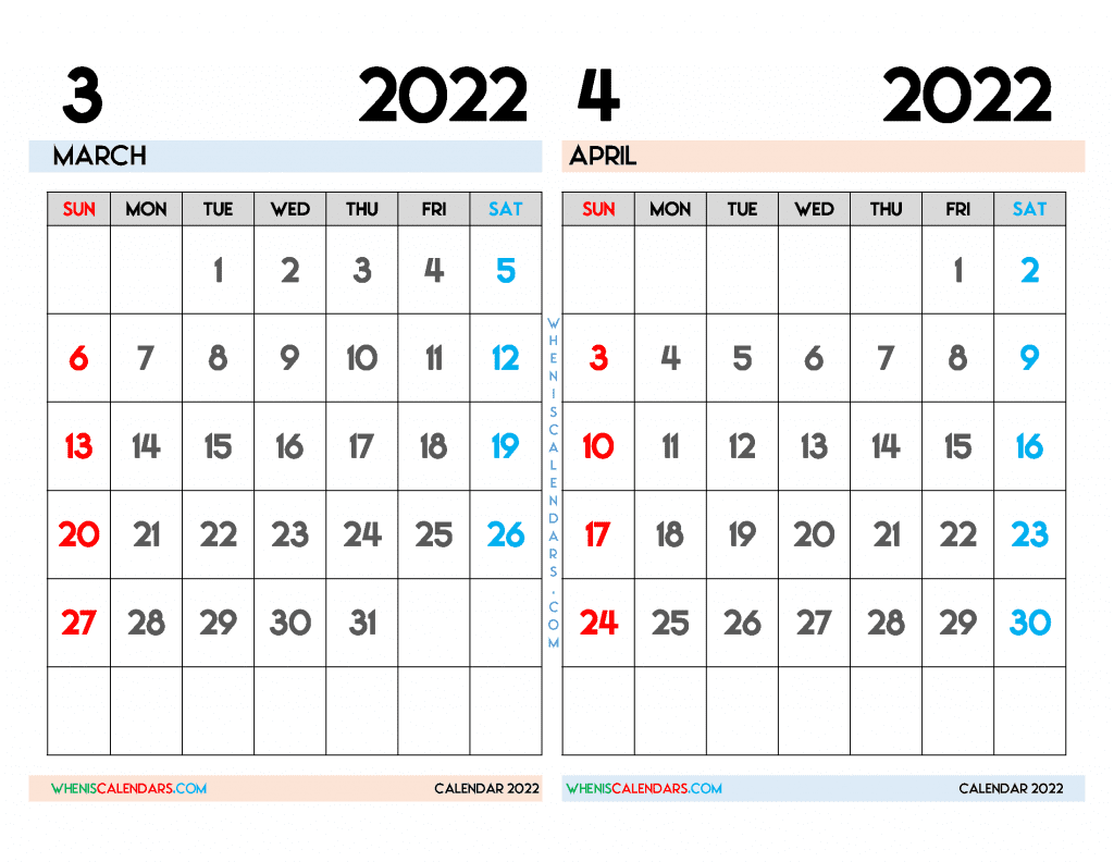 Download Free Download Free March and April 2022 Calendar Printable as PDF document and high resolution PNG Image file format (landcape))