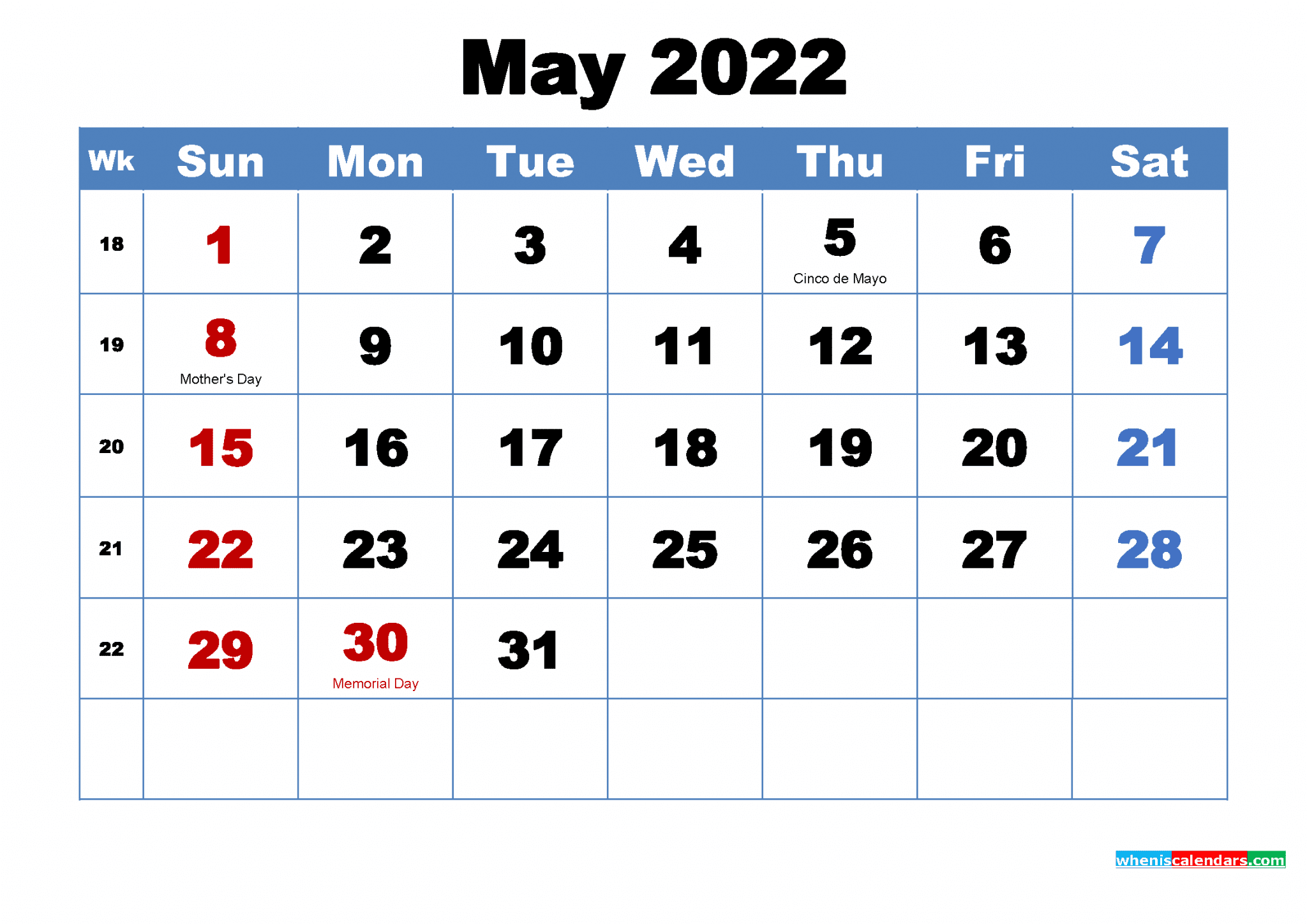 Free May 2022 Calendar With Holidays Printable